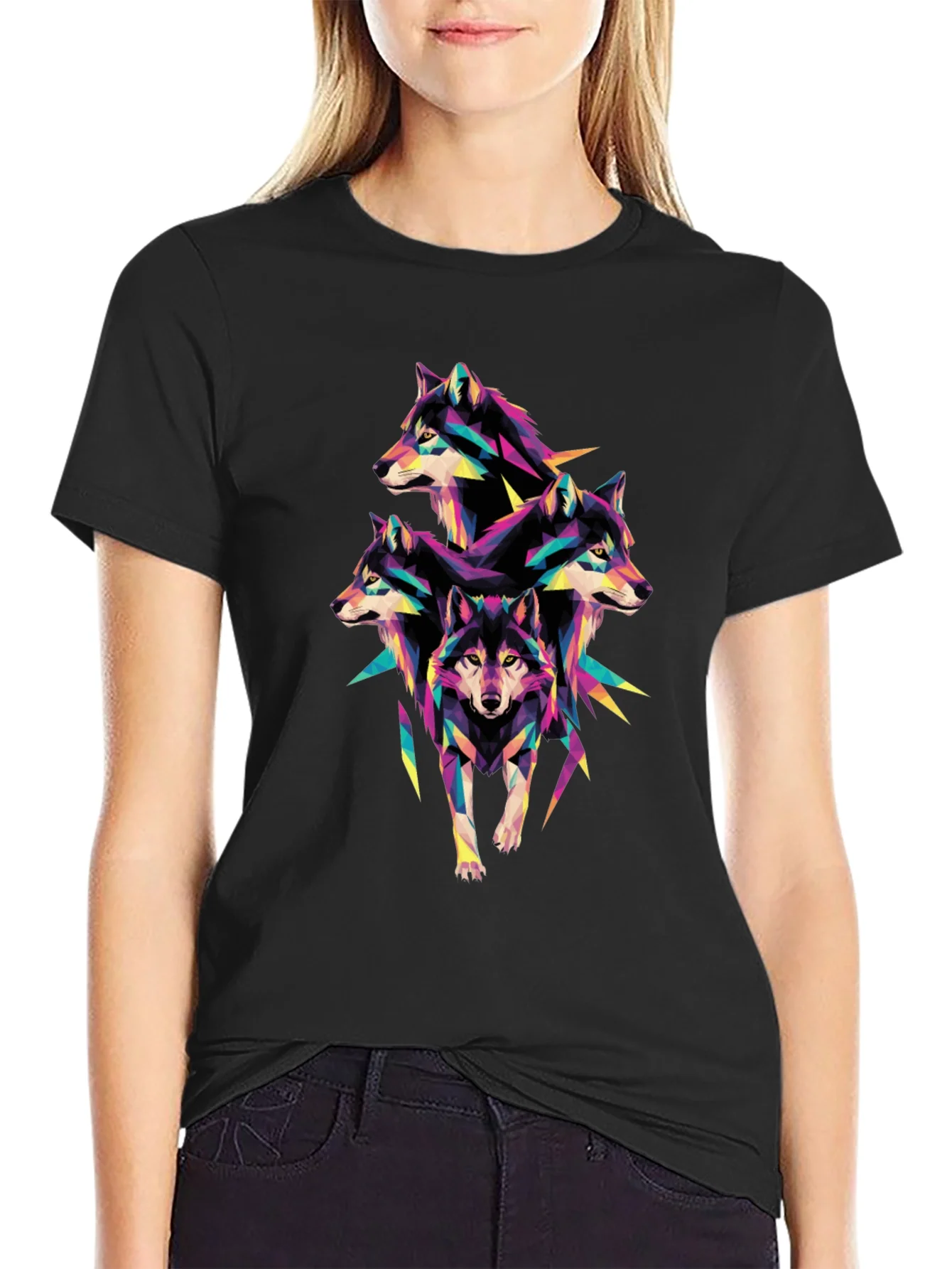 Geometric Wolf Pack T-Shirt - Unique Colorful Design