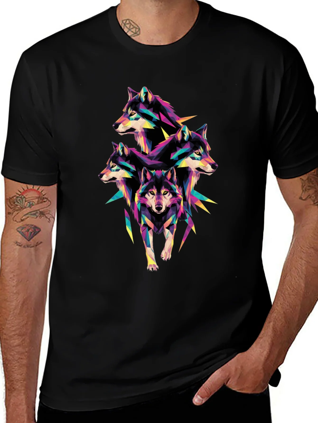 Geometric Wolf Pack T-Shirt - Unique Colorful Design