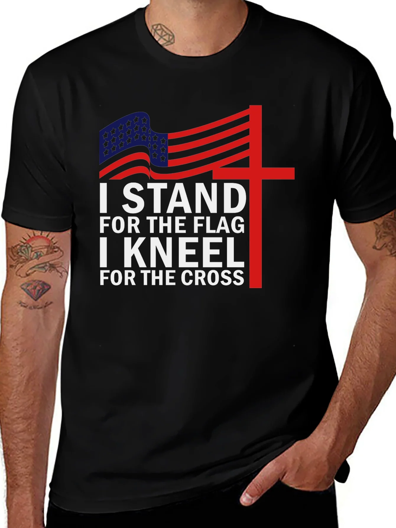 Patriotic Christian T-Shirt - Stand for Flag Kneel for Cross