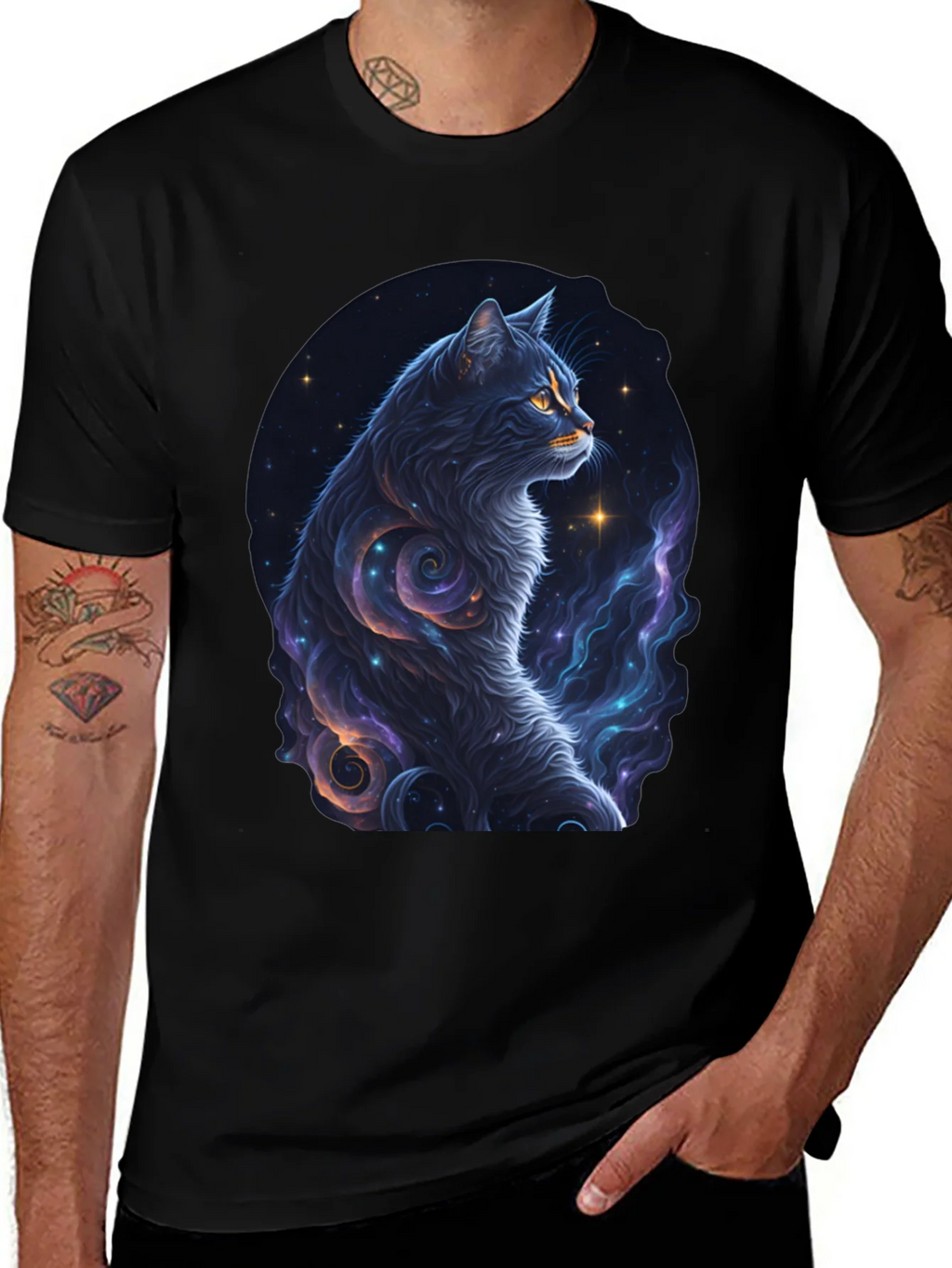 Cosmic Cat Graphic Tee - Stylish Black T-Shirt