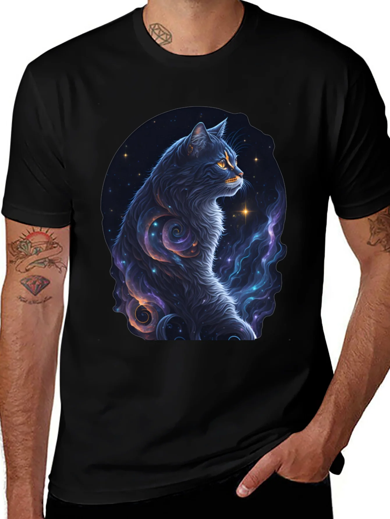 Cosmic Cat Graphic Tee - Stylish Black T-Shirt