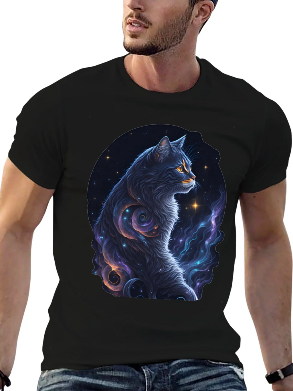 Cosmic Cat Graphic Tee - Stylish Black T-Shirt