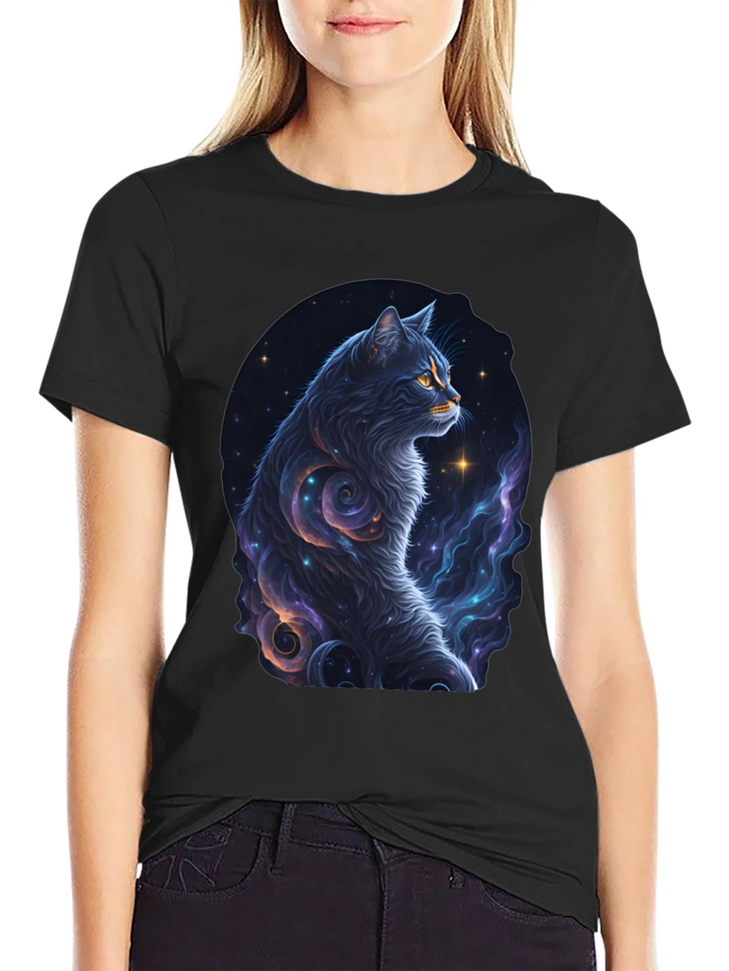 Cosmic Cat Graphic Tee - Stylish Black T-Shirt