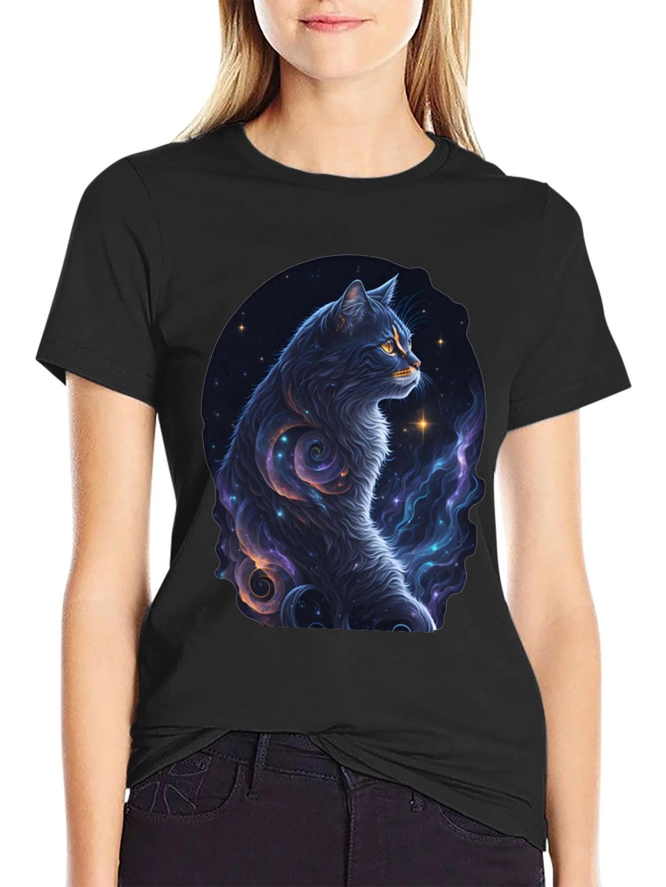 Cosmic Cat Graphic Tee - Stylish Black T-Shirt