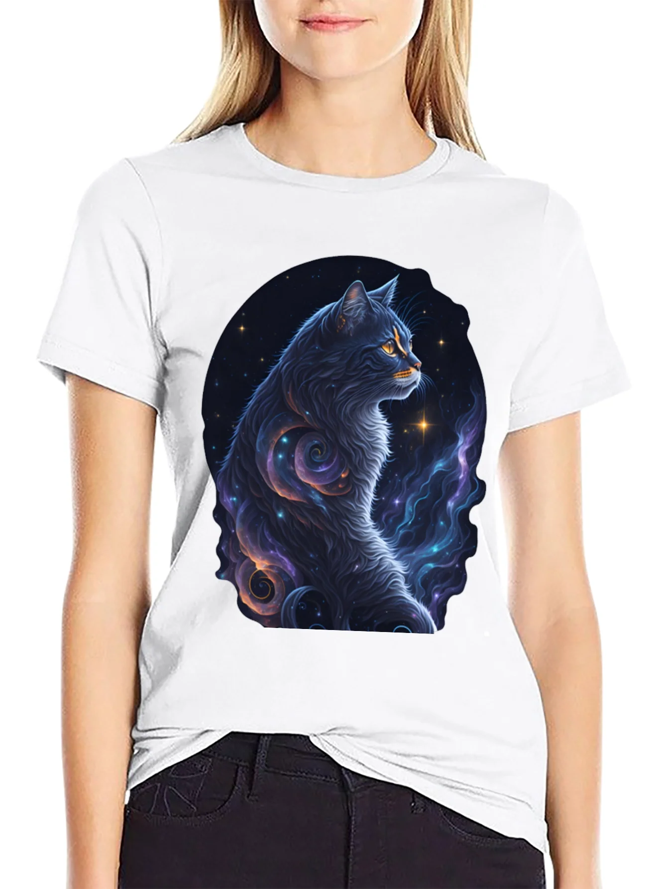 Cosmic Cat Graphic Tee - Stylish Black T-Shirt