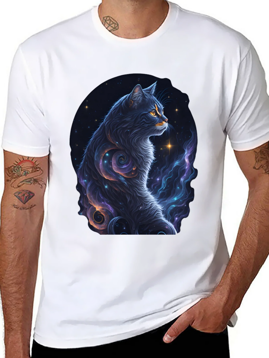 Cosmic Cat Graphic Tee - Stylish Black T-Shirt