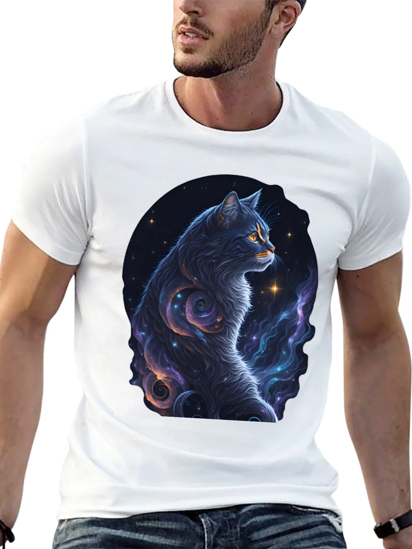 Cosmic Cat Graphic Tee - Stylish Black T-Shirt