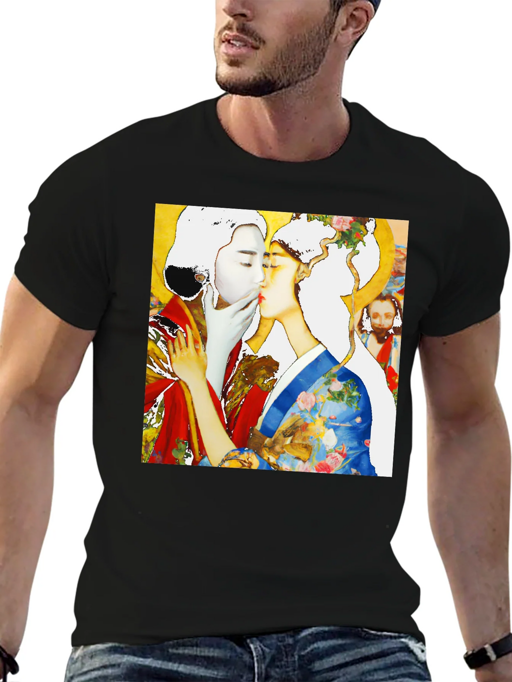 Geisha Kiss Graphic Tee - Unique Art T-Shirt