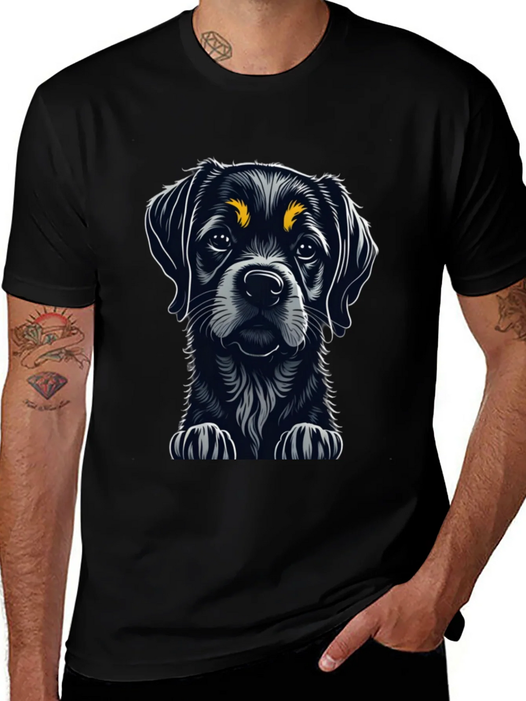 Cute Puppy Dog Graphic Tee - Black Cotton T-Shirt