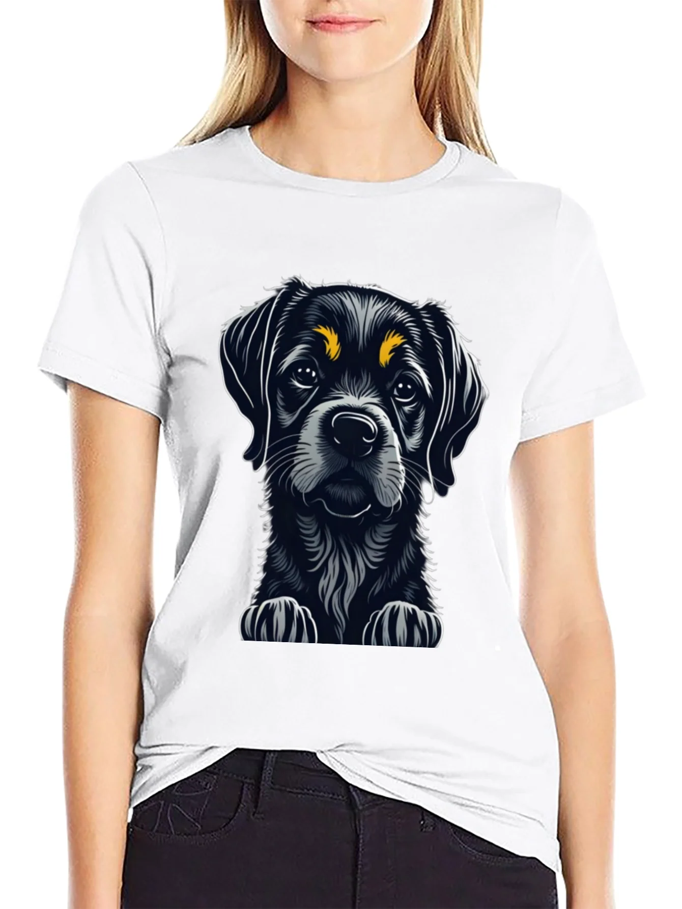 Cute Puppy Dog Graphic Tee - Black Cotton T-Shirt