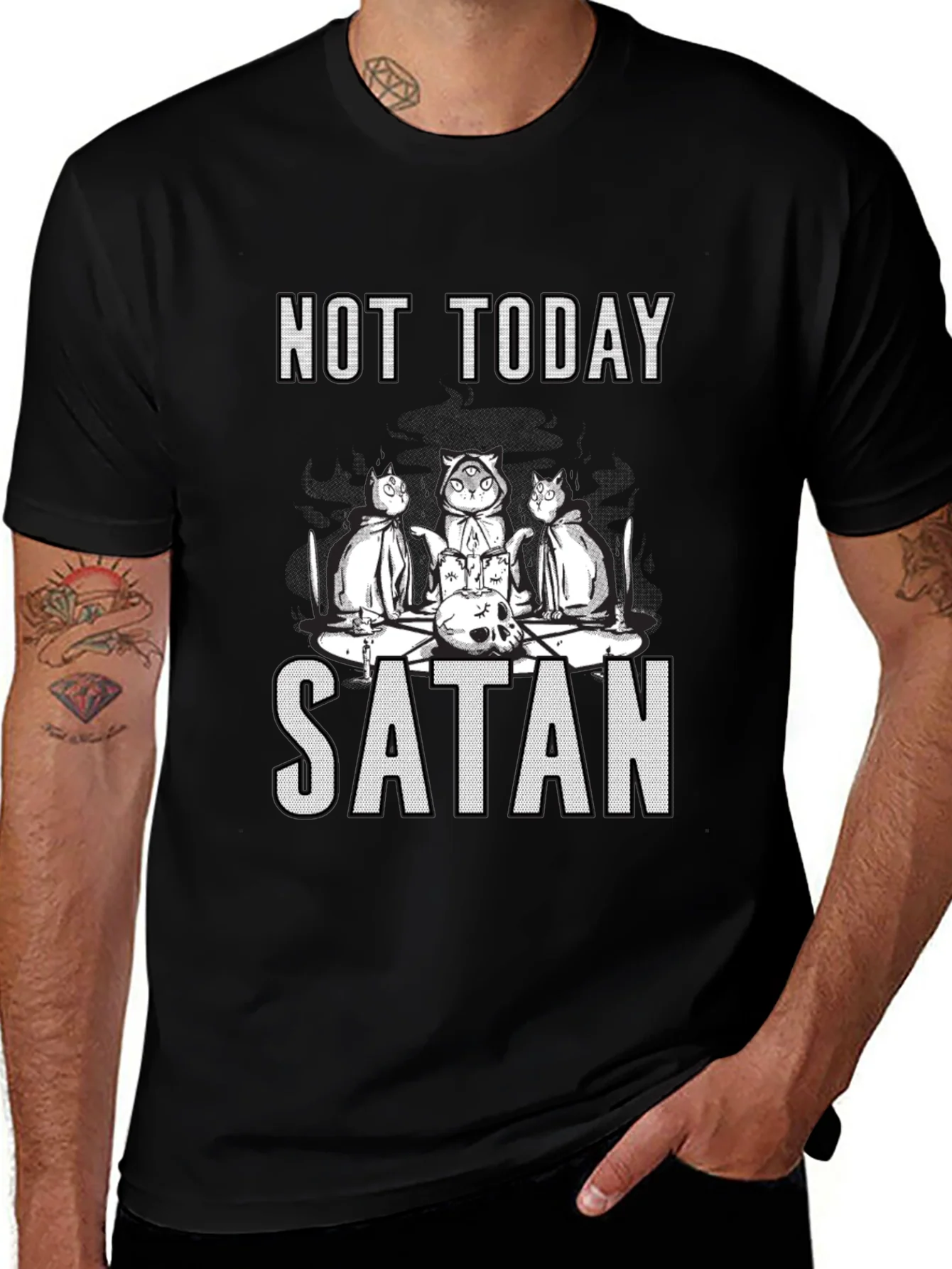 Not Today Satan Cat Cult T-Shirt - Black Humor Tee